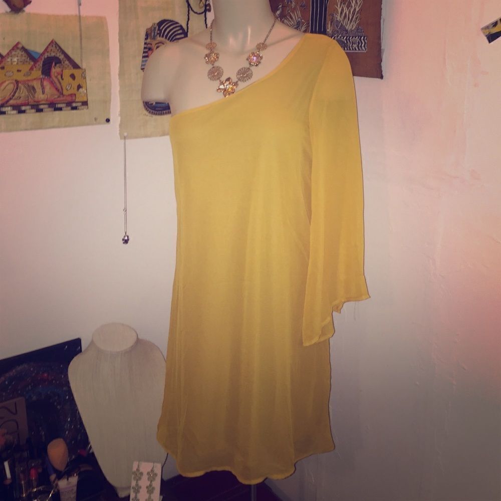 Yellow Sheer One Shoulder Slip Dress